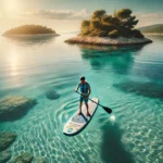 Mann auf Stand Up Paddle im Meer zwischen Inseln - Man on stand up paddle in the sea between islands